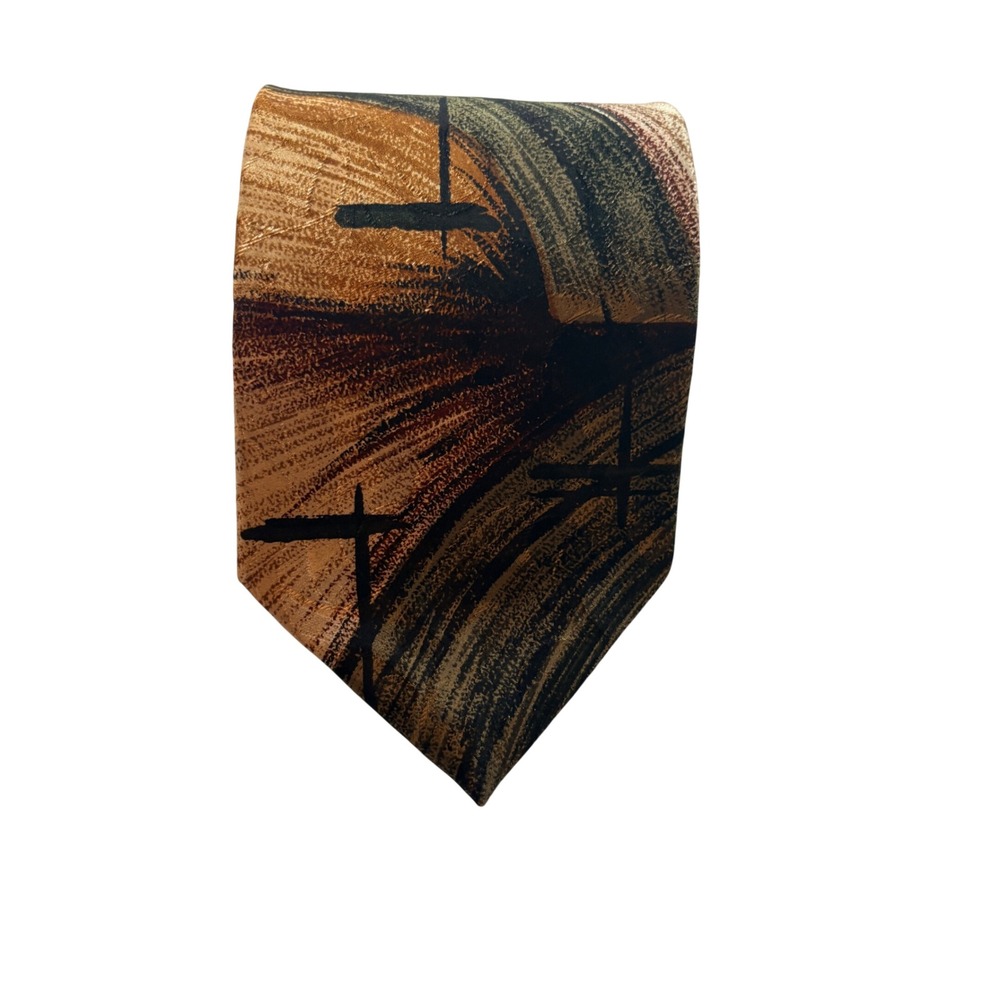 Bruno Piattelli Necktie Men Extra Long Brown Gold Abstract 100% Italian Silk Tie